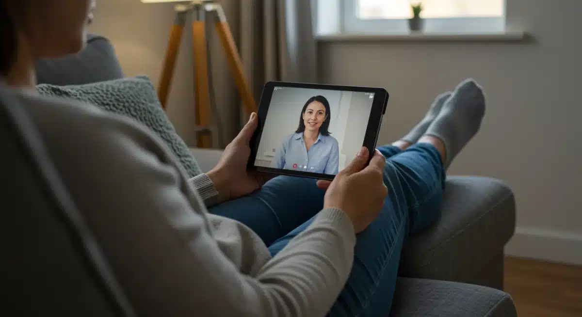 Individual participating in a virtual therapy session via tablet for depression treatment.