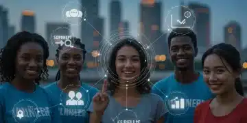 Diverse volunteers engaging with digital recruitment platforms, symbolizing modern volunteer management.