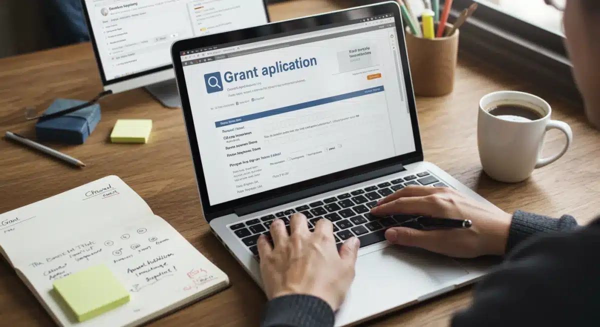 Individual diligently completing a grant application form on a laptop.