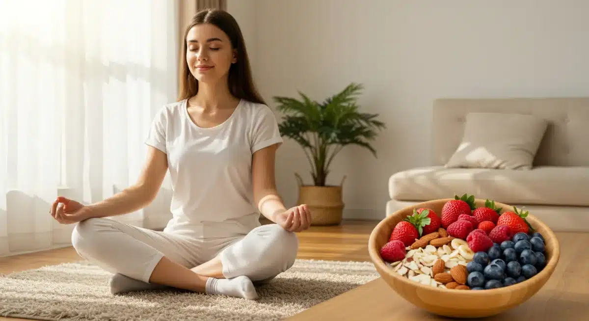 Person meditating with healthy snacks, symbolizing mindfulness and nutrition