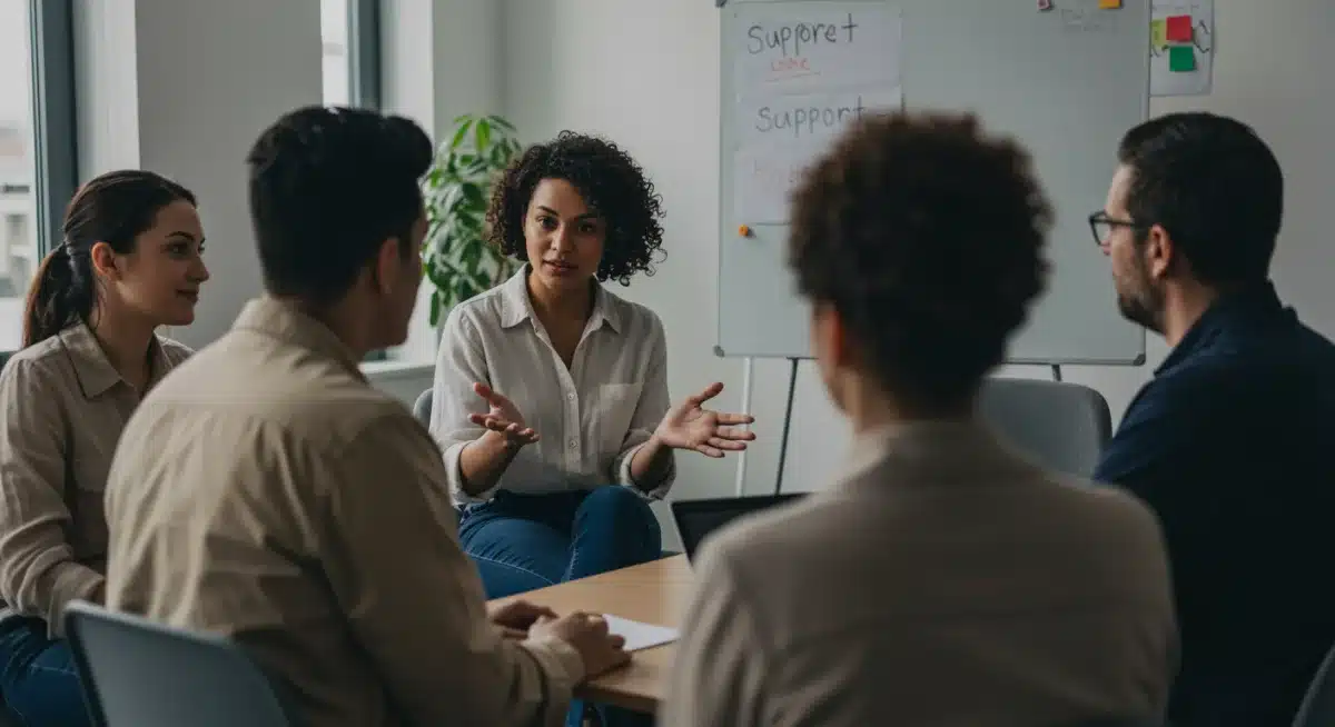 Diverse support group meeting, showing community and shared mental health experiences.