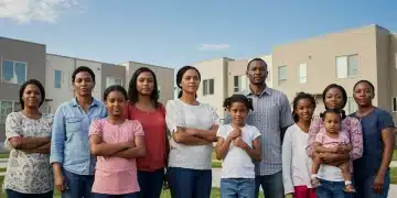 Families and individuals in front of modern affordable housing, representing Section 8 beneficiaries.