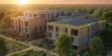 Modern affordable housing complex with solar panels, green spaces, and diverse community members.