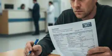 Confused patient reviewing a daunting hospital bill with a calculator