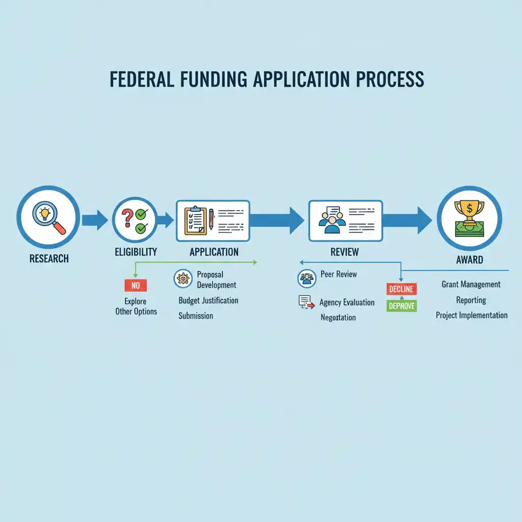 Infographic detailing the federal funding application process for housing programs.