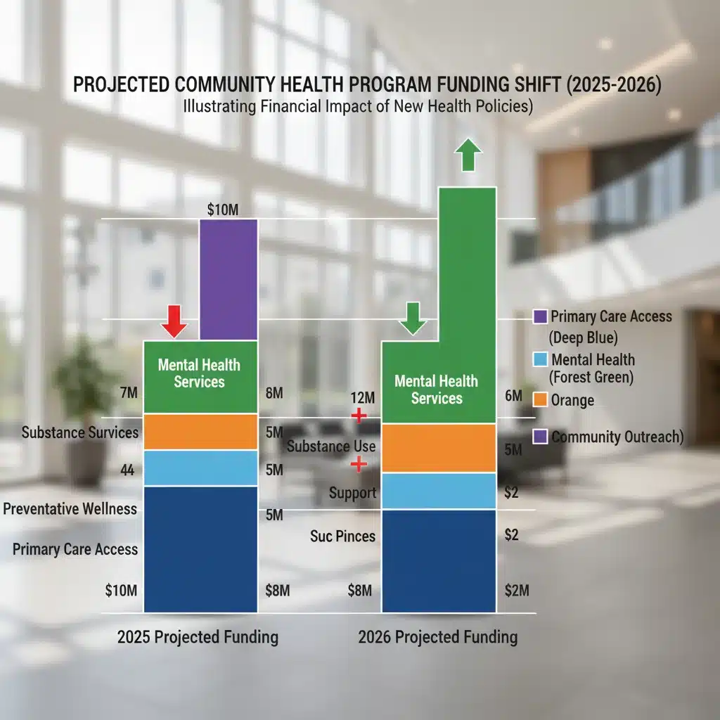 Bar graph illustrating projected shifts in funding for community health initiatives post-2026 policy changes.