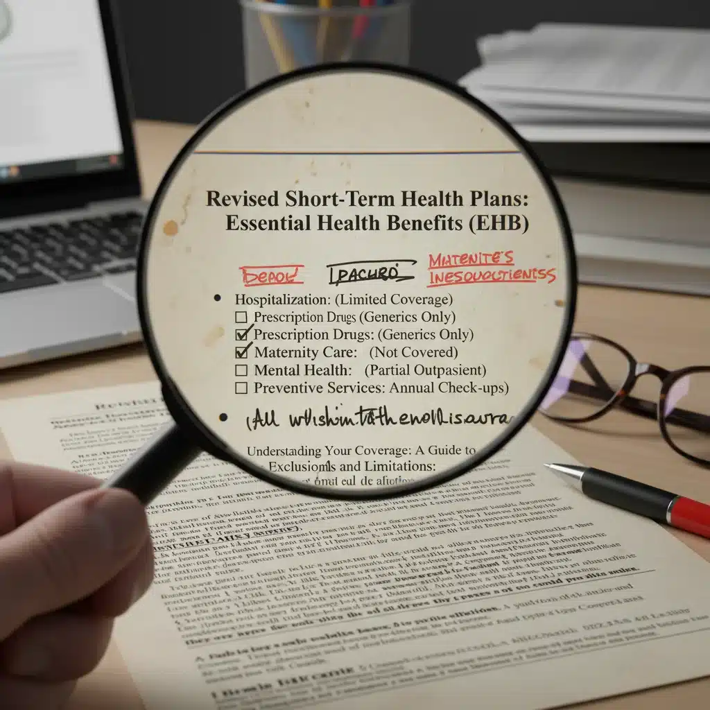 Magnifying glass over essential health benefits document for short-term plans