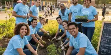 Diverse volunteers working in a community garden, symbolizing national community service and upcoming deadlines.