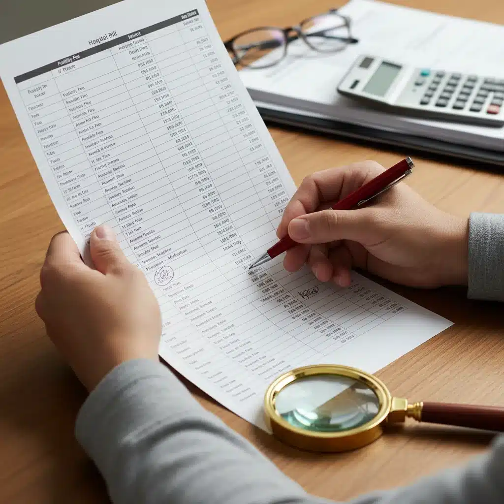Hands meticulously reviewing itemized hospital bill for discrepancies