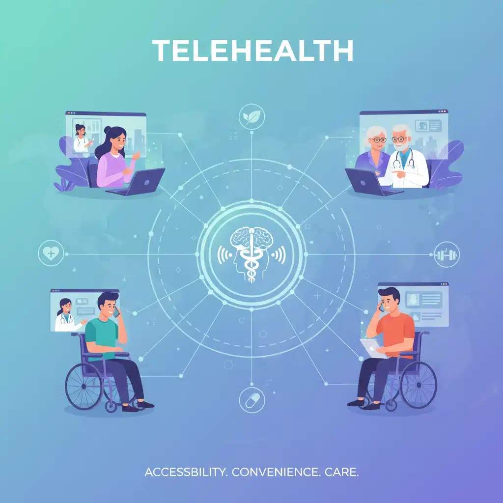 Diverse individuals accessing telehealth services from different locations.