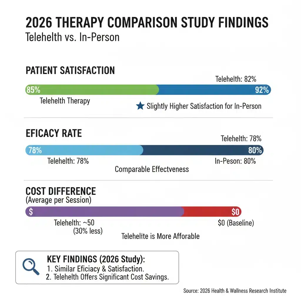 Infographic comparing efficacy and satisfaction of telehealth vs in-person therapy.