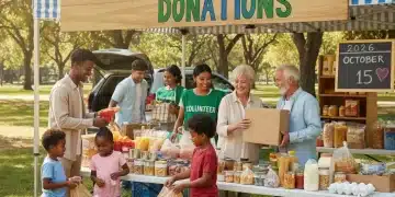 Community members donating food to a food bank, symbolizing increased donations in 2026.