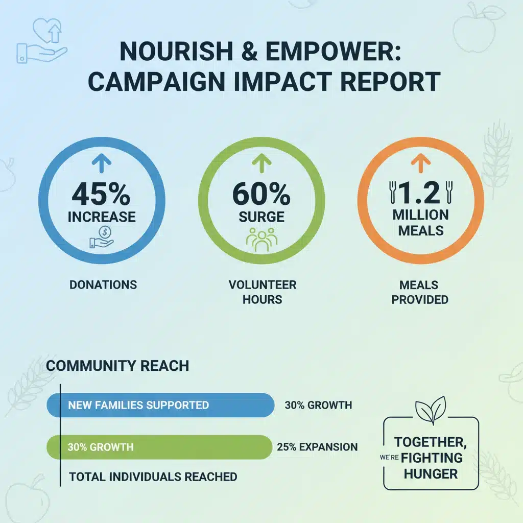 Infographic showing increased food bank donation statistics and campaign success metrics.