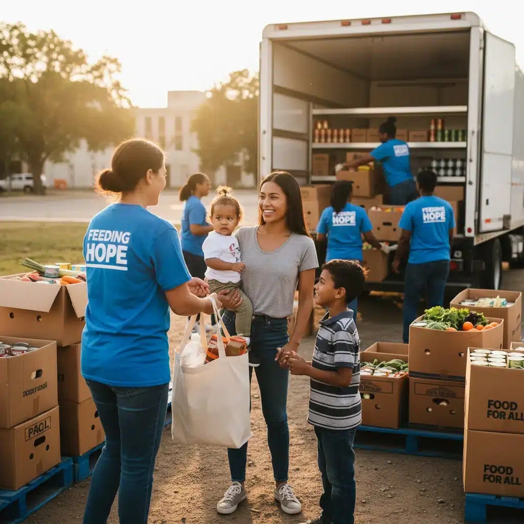 Food bank volunteer assisting a family at a mobile pantry, showcasing community engagement.