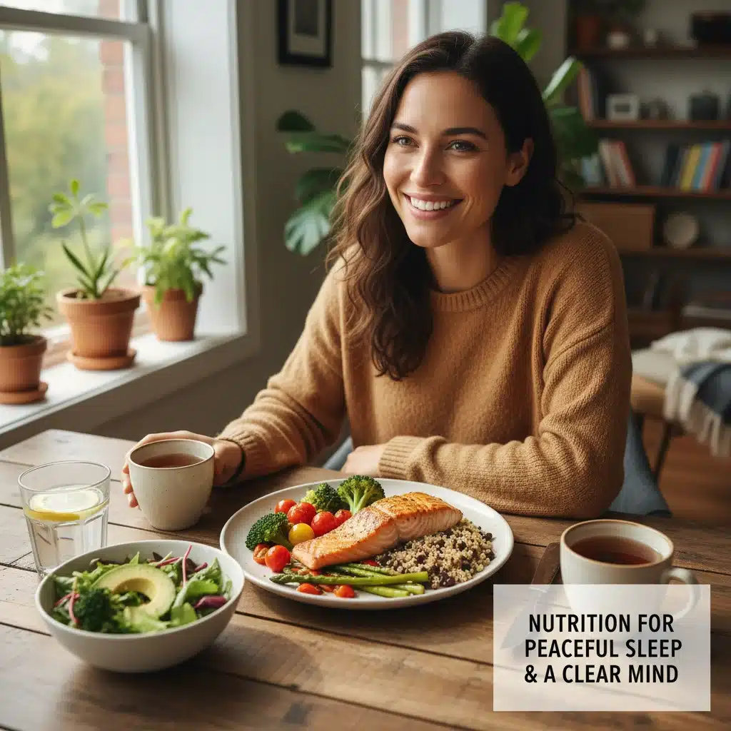 Healthy meal with fresh vegetables and lean protein, promoting better sleep and mental health.