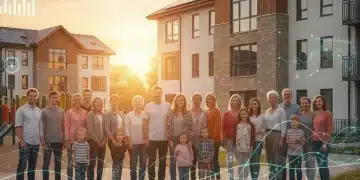 Diverse community members in front of an affordable housing complex, symbolizing housing stability programs and hope.