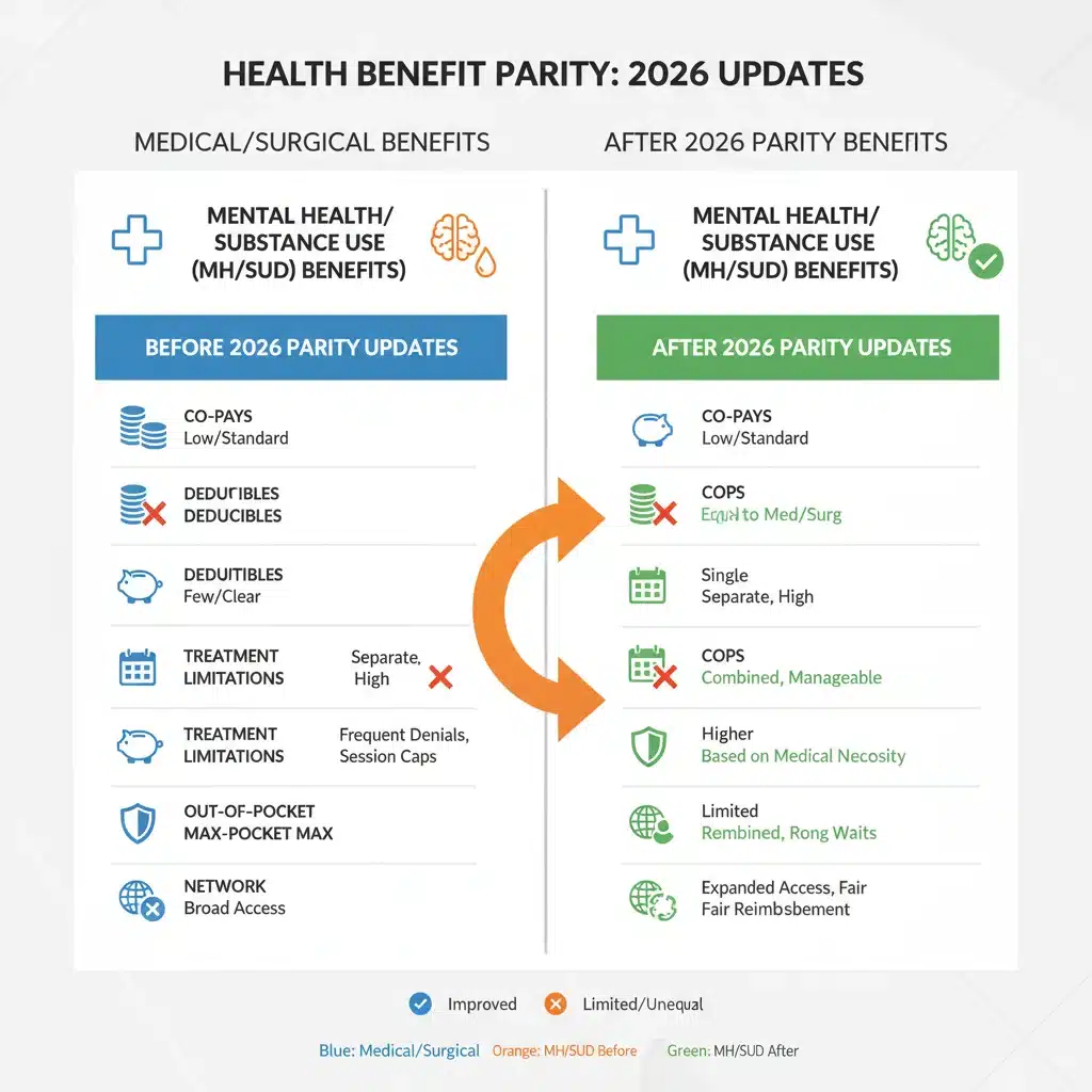 Infographic comparing pre and post-2026 mental health parity benefits.