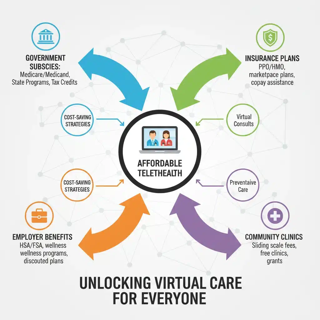 Infographic illustrating diverse pathways to affordable virtual healthcare services.