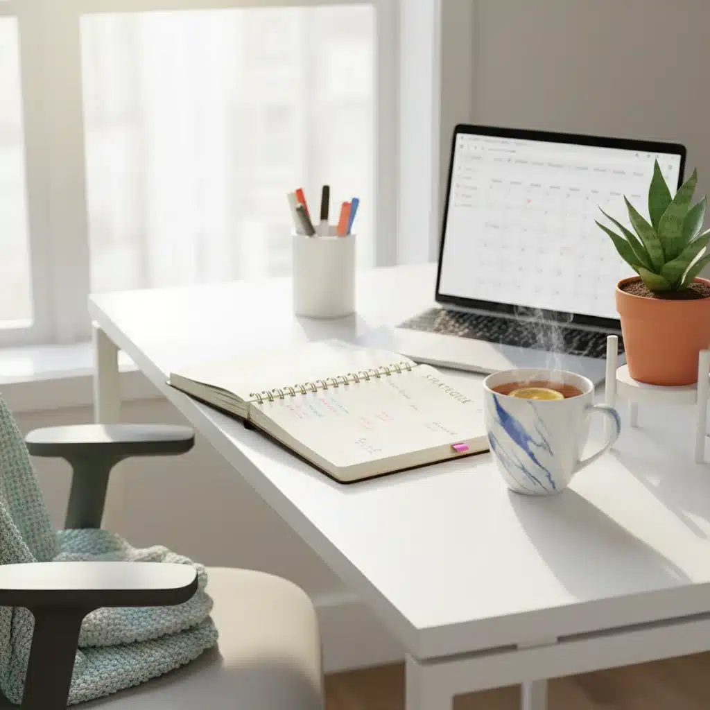 Organized desk with planner, tea, and plant for stress management