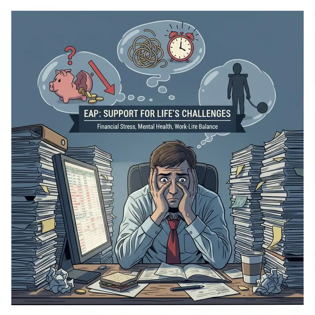 Stressed employee with financial and mental health concerns