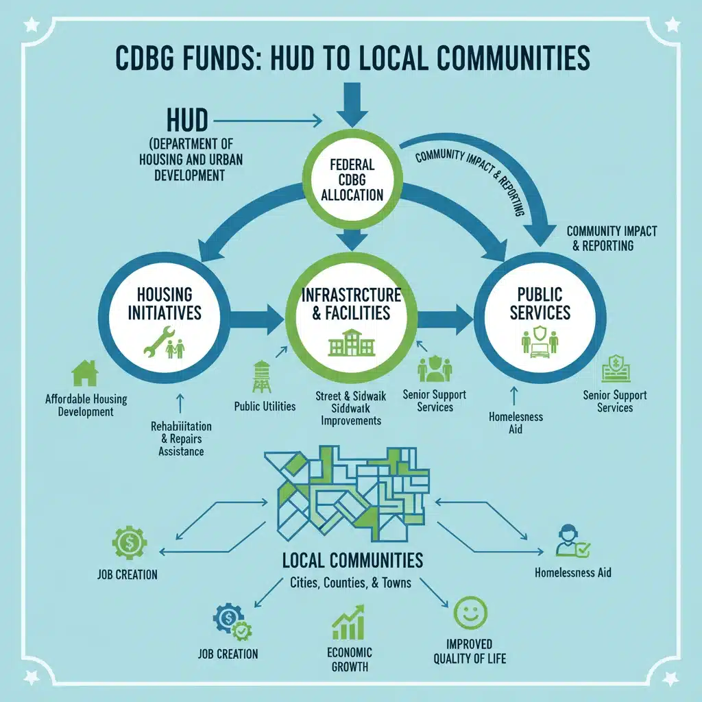 Infographic illustrating the allocation and impact of CDBG funds across various community development categories like housing and infrastructure.