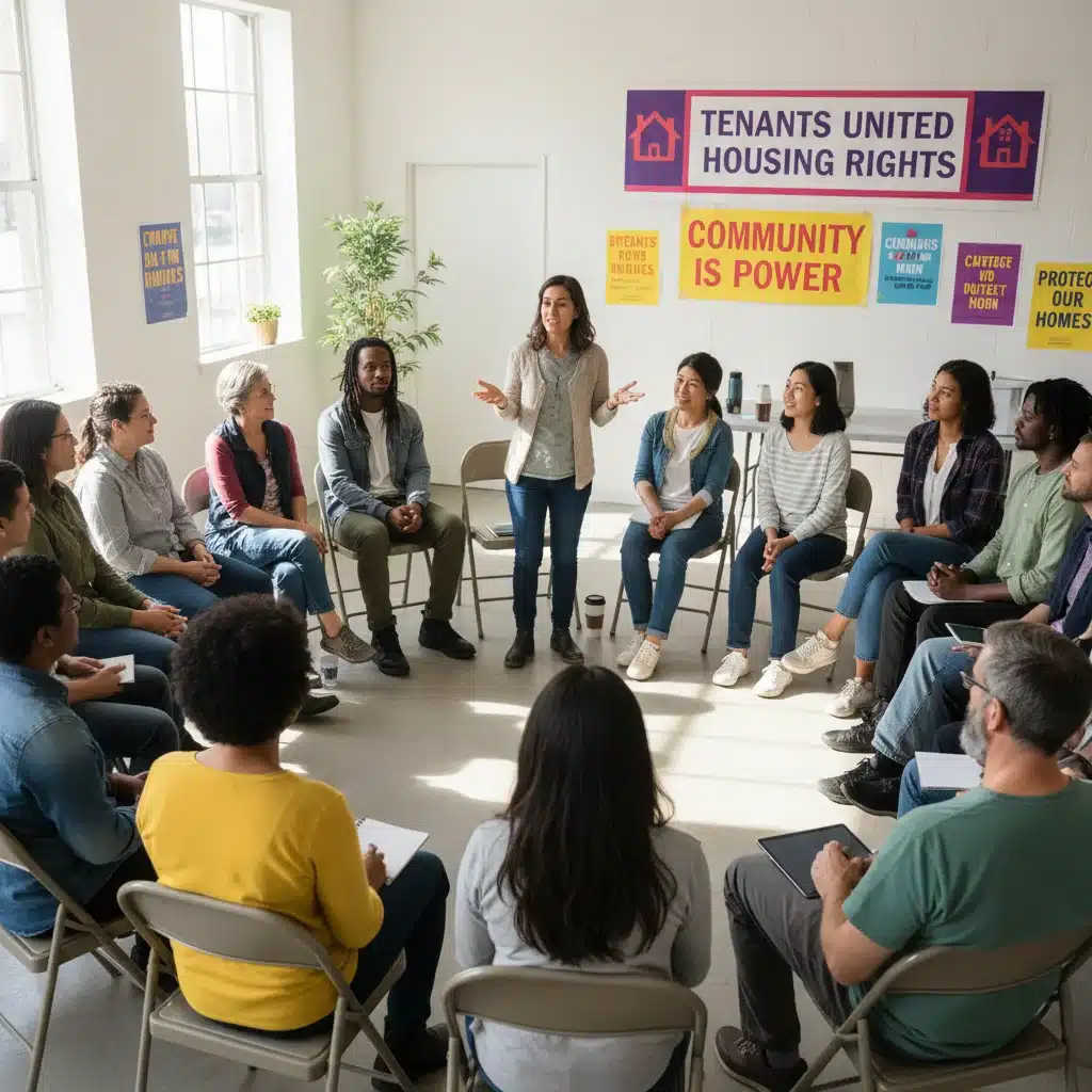 Community meeting discussing tenant rights and housing advocacy