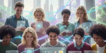 People using digital mental health apps on various devices.