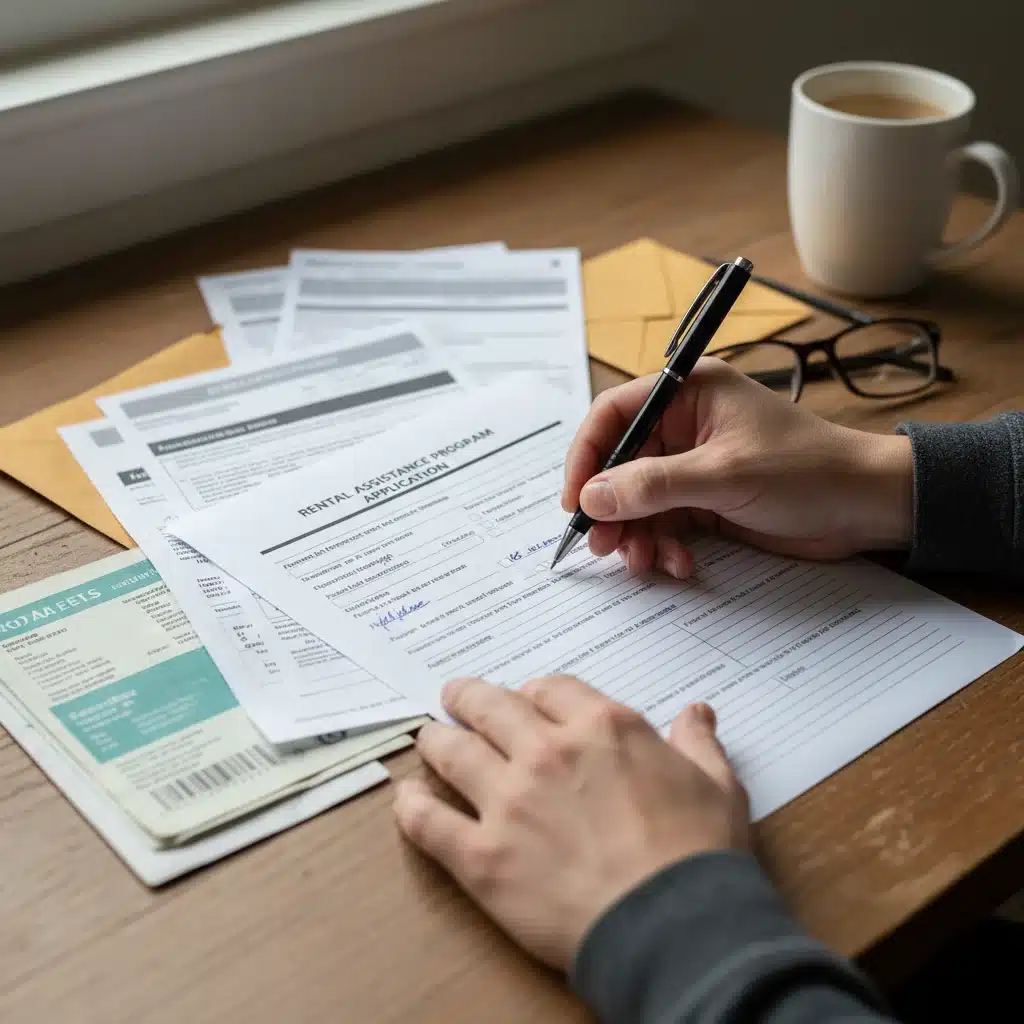 Hands filling out emergency rental assistance application form