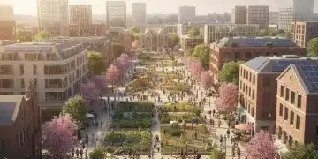 Vibrant community scene symbolizing successful CDBG-funded development and planning, with diverse architecture and green spaces.