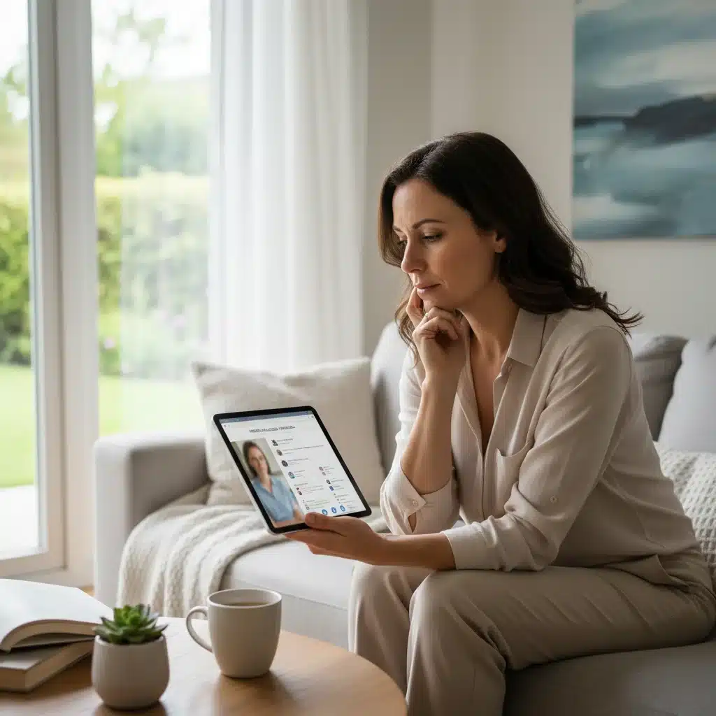 Persona buscando recursos de salud mental online, simbolizando el acceso digital a terapias.