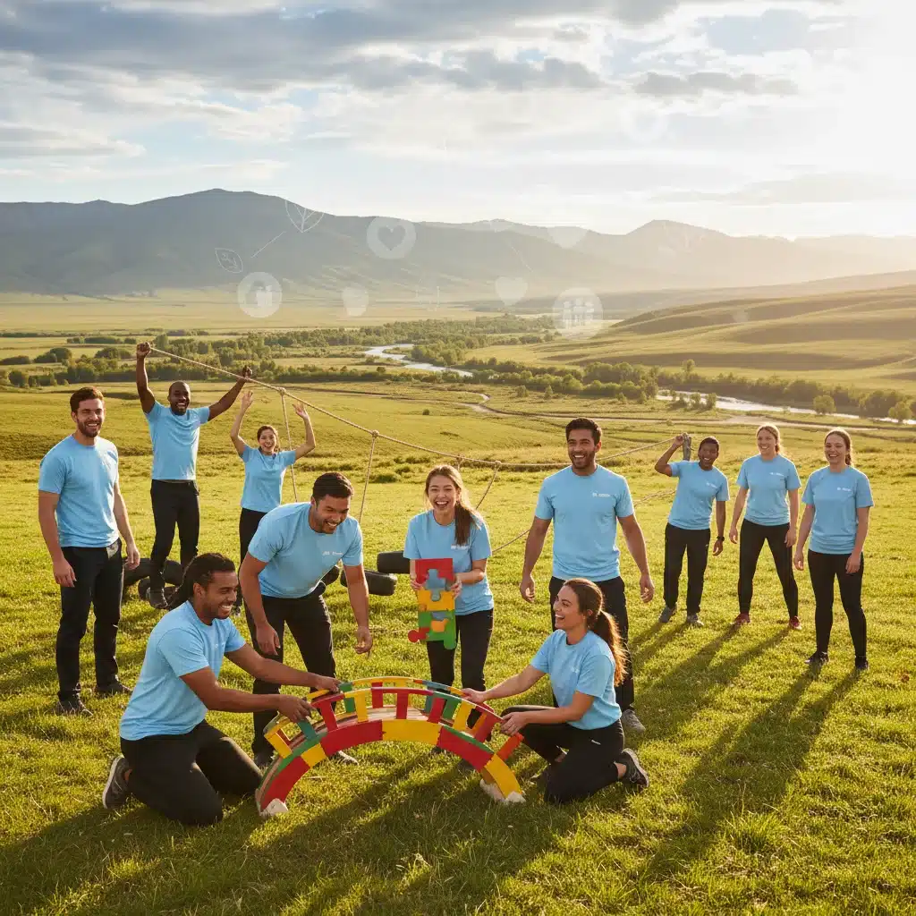 Empleados realizando una actividad de team building al aire libre, promoviendo el bienestar y la conexión.