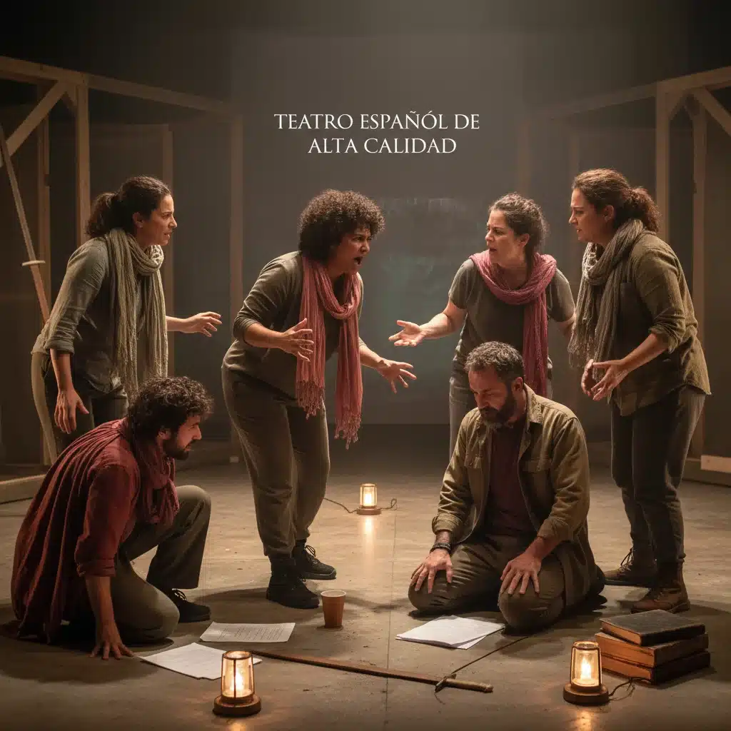 Actores ensayando con pasión en un escenario, mostrando la intensidad del teatro español.