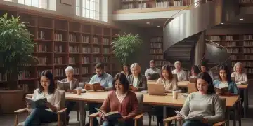 Adultos leyendo libros y e-readers en una biblioteca moderna, representando el fomento de la lectura.