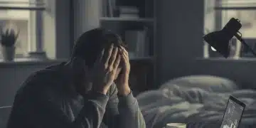 Persona con signos de agotamiento mental, sosteniendo su cabeza, en un ambiente tenue que sugiere estrés y fatiga.