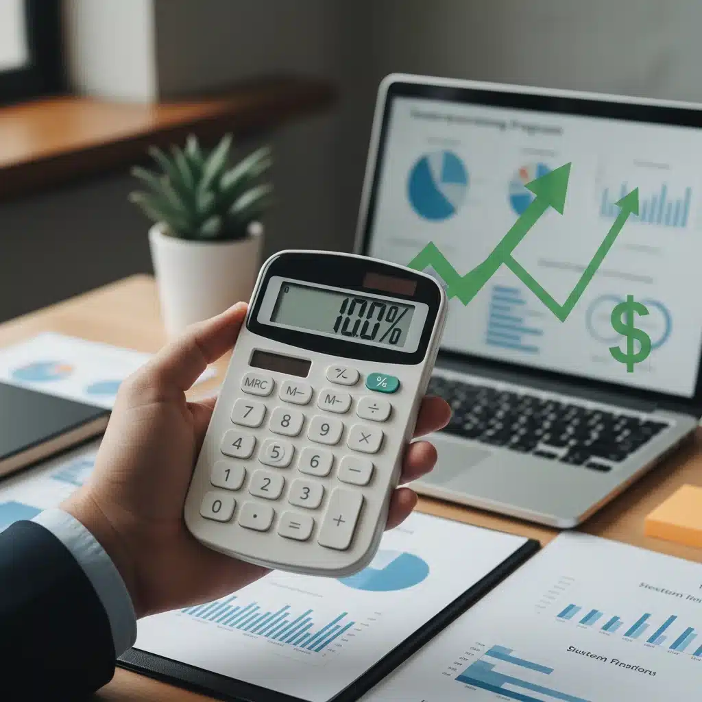 Mano sosteniendo una calculadora con '100%' que simboliza el ahorro total en formación bonificada para empresas.