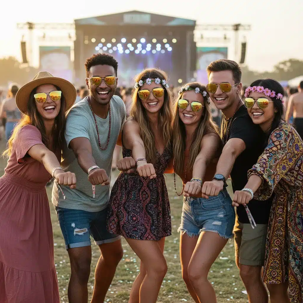 Grupo de amigos felices posando en un festival de música, mostrando sus pulseras de acceso.