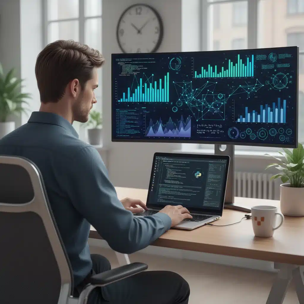 Persona analizando datos complejos en un portátil, simbolizando habilidades de análisis de datos y pensamiento crítico.
