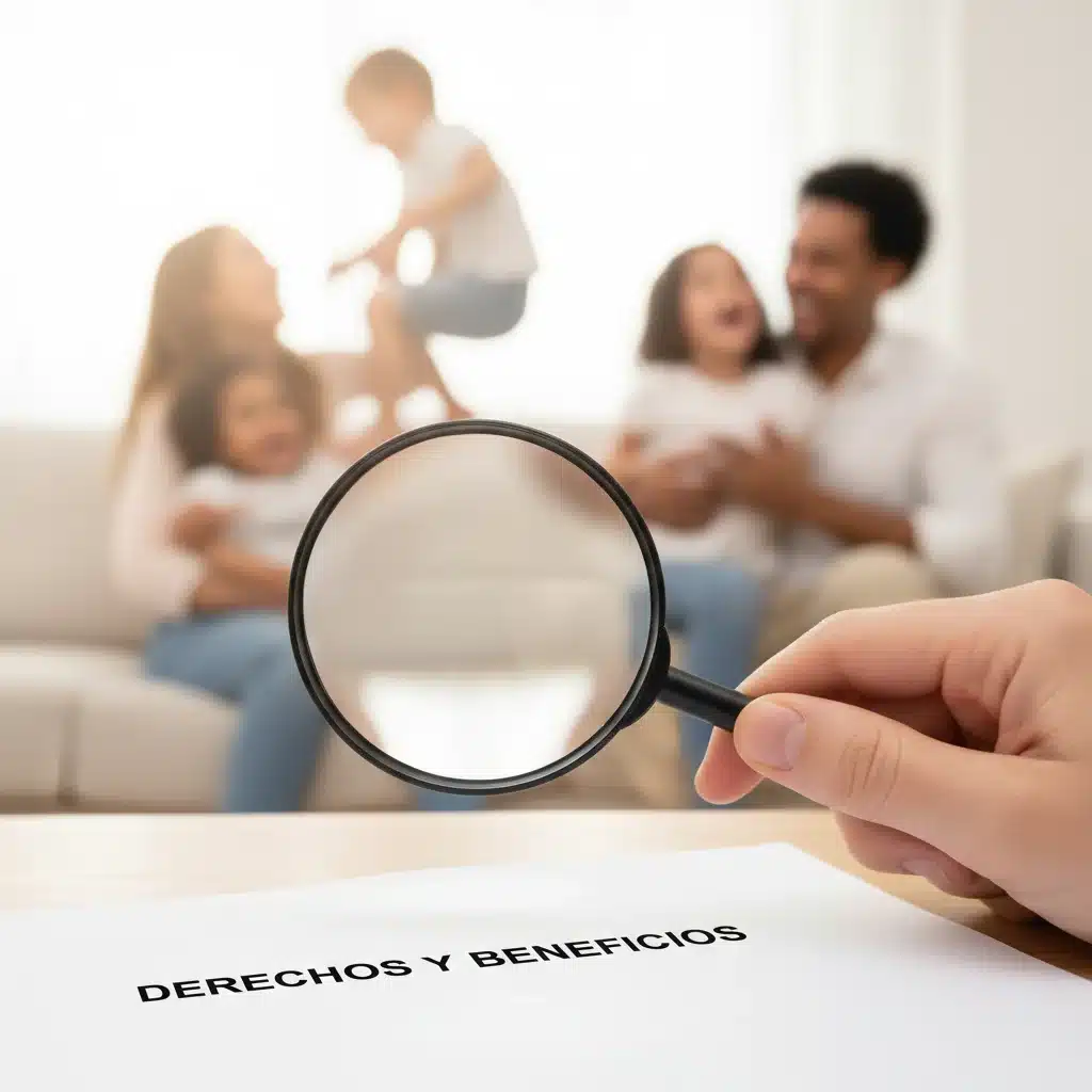 Mano con lupa examinando derechos y beneficios, con familia feliz de fondo, simbolizando el análisis de la nueva ley.