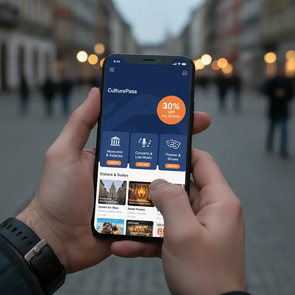 Mano sosteniendo un smartphone con una aplicación de descuentos para eventos culturales.
