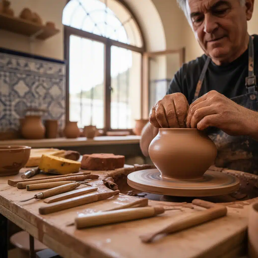 Manos de artesano trabajando cerámica tradicional española con detalle y precisión.