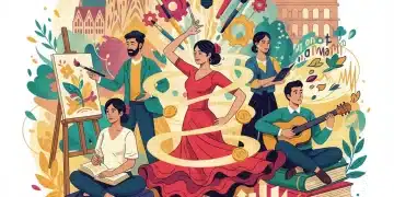 Artistas y creadores españoles celebrando nuevas ayudas culturales en 2026 con símbolos de financiación y creatividad.