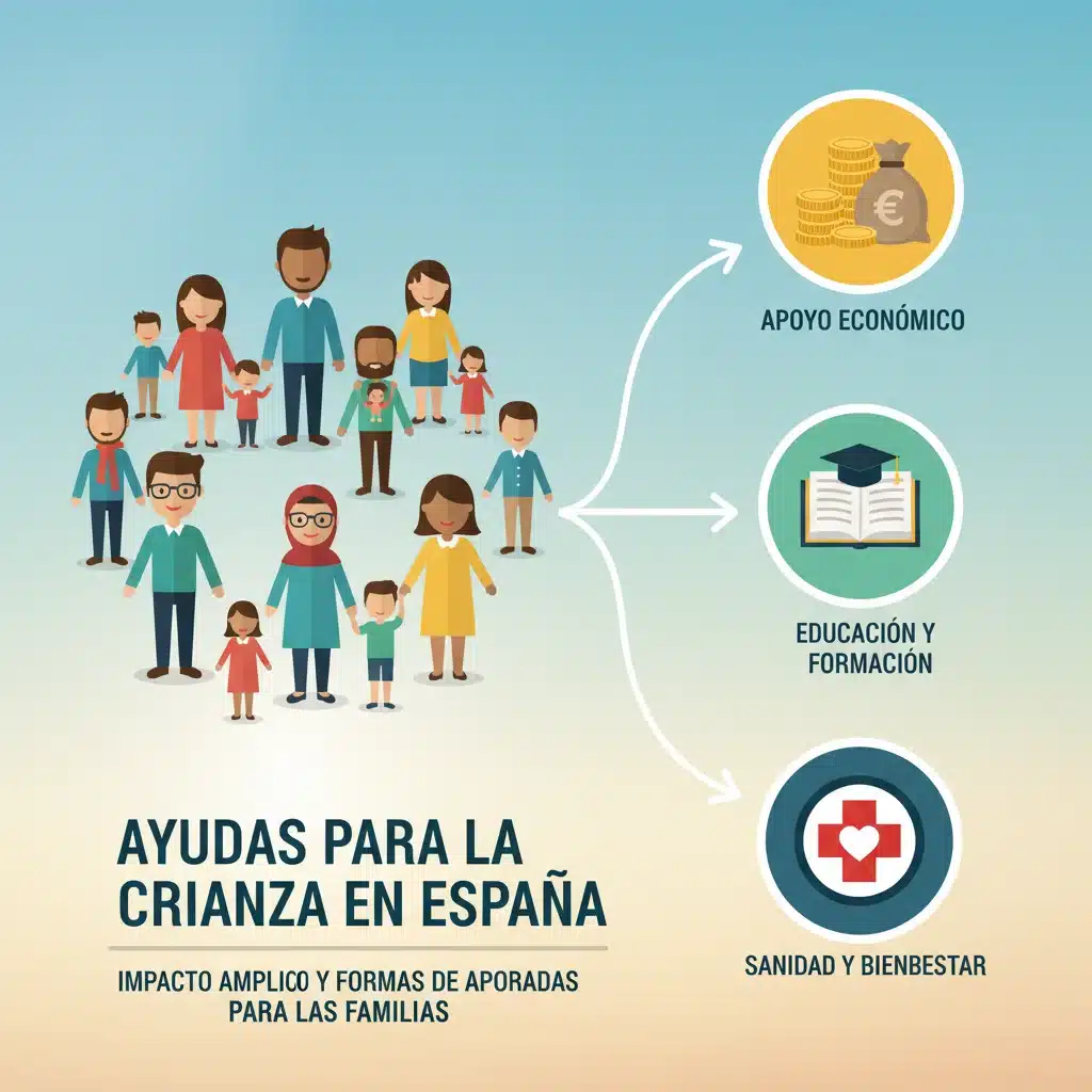Infografía de beneficios y tipos de ayudas a la crianza disponibles para familias en España.