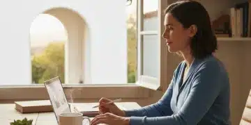 Persona tranquila revisando finanzas en casa, símbolo de bienestar financiero y mental en España.