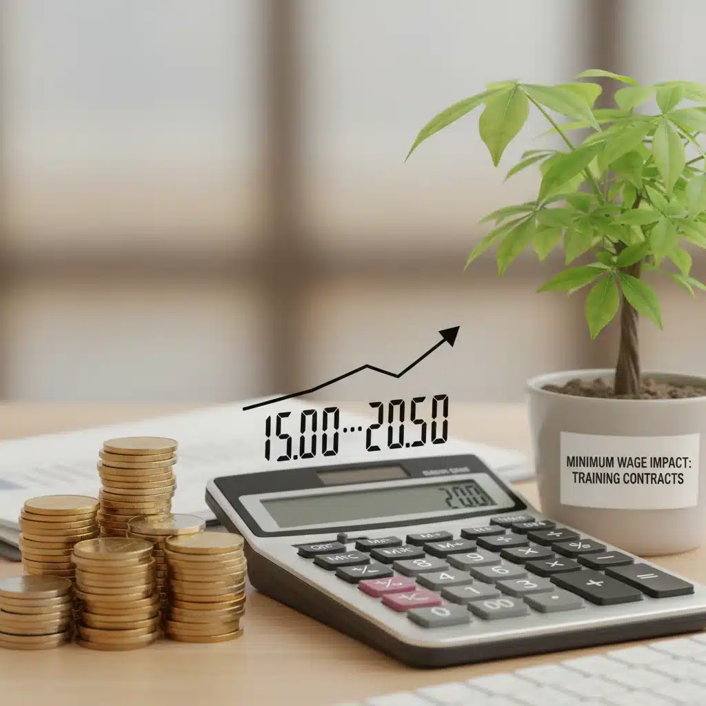 Calculadora y monedas simbolizando el ajuste salarial del SMI 2026 en contratos de formación