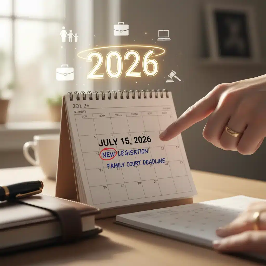 Calendario de 2026 con iconos de familia y trabajo, simbolizando la planificación de derechos laborales.