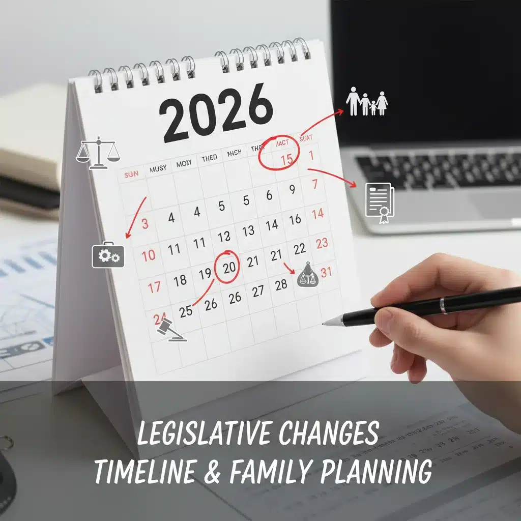 Calendario marcando 2026 con iconos de familia y trabajo, representando la implementación de la reforma.