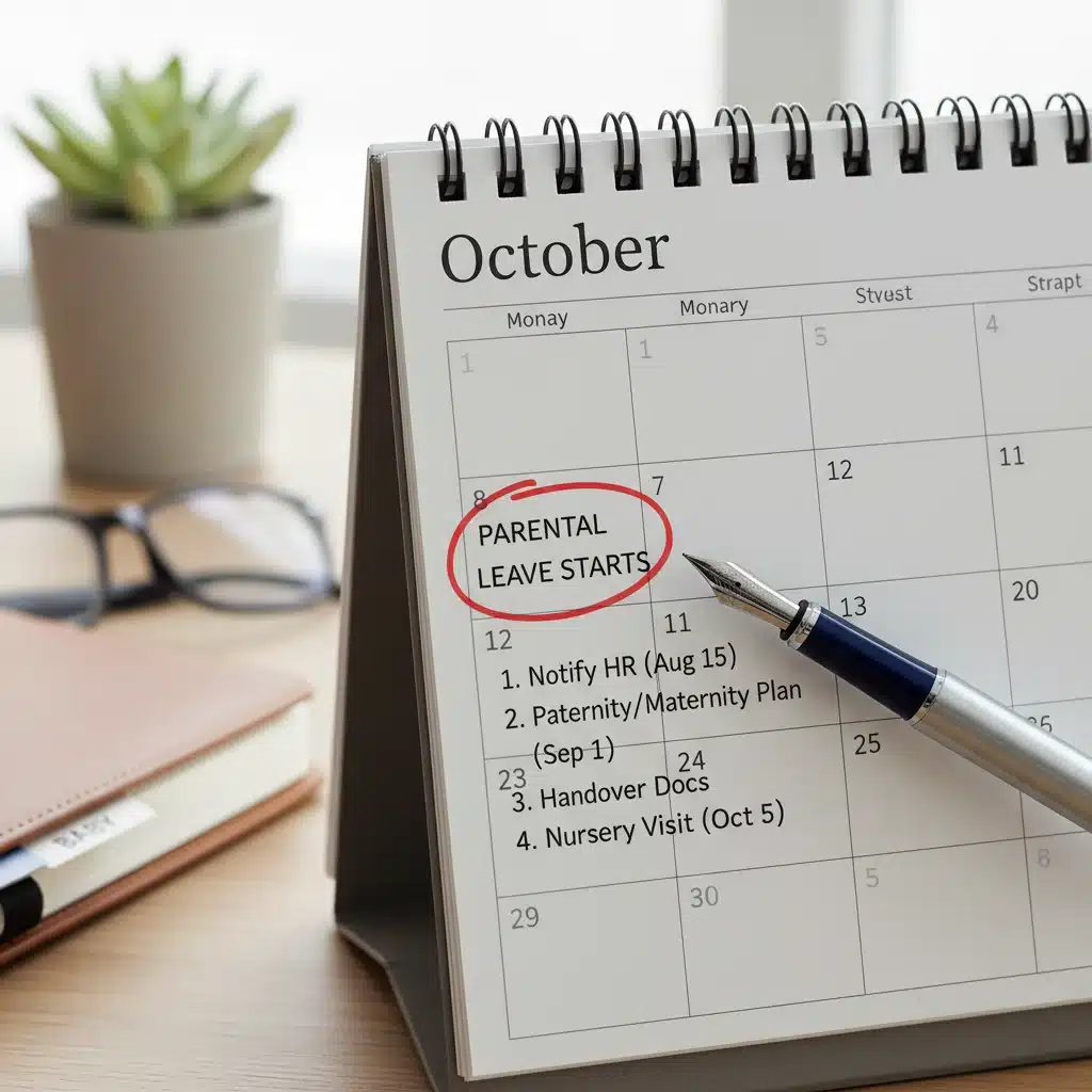 Calendario con fecha marcada y bolígrafo, ilustrando la planificación y solicitud de permisos parentales.