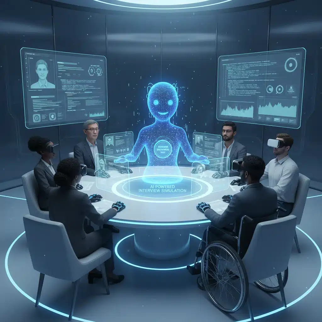 Candidatos interactuando con asistente virtual de IA en entrevista de trabajo