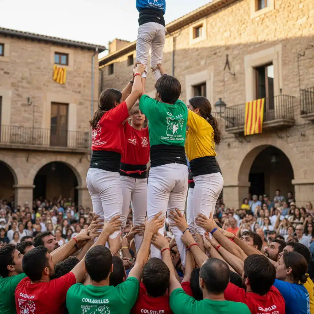 Impresionante torre humana de castellers en una plaza catalana