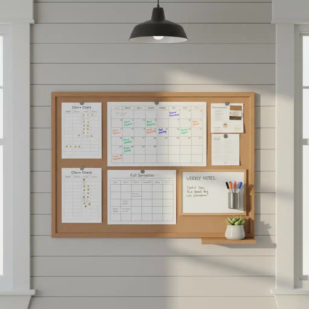 Centro de mando familiar organizado con calendario, horarios y listas de tareas para una mejor gestión del tiempo.